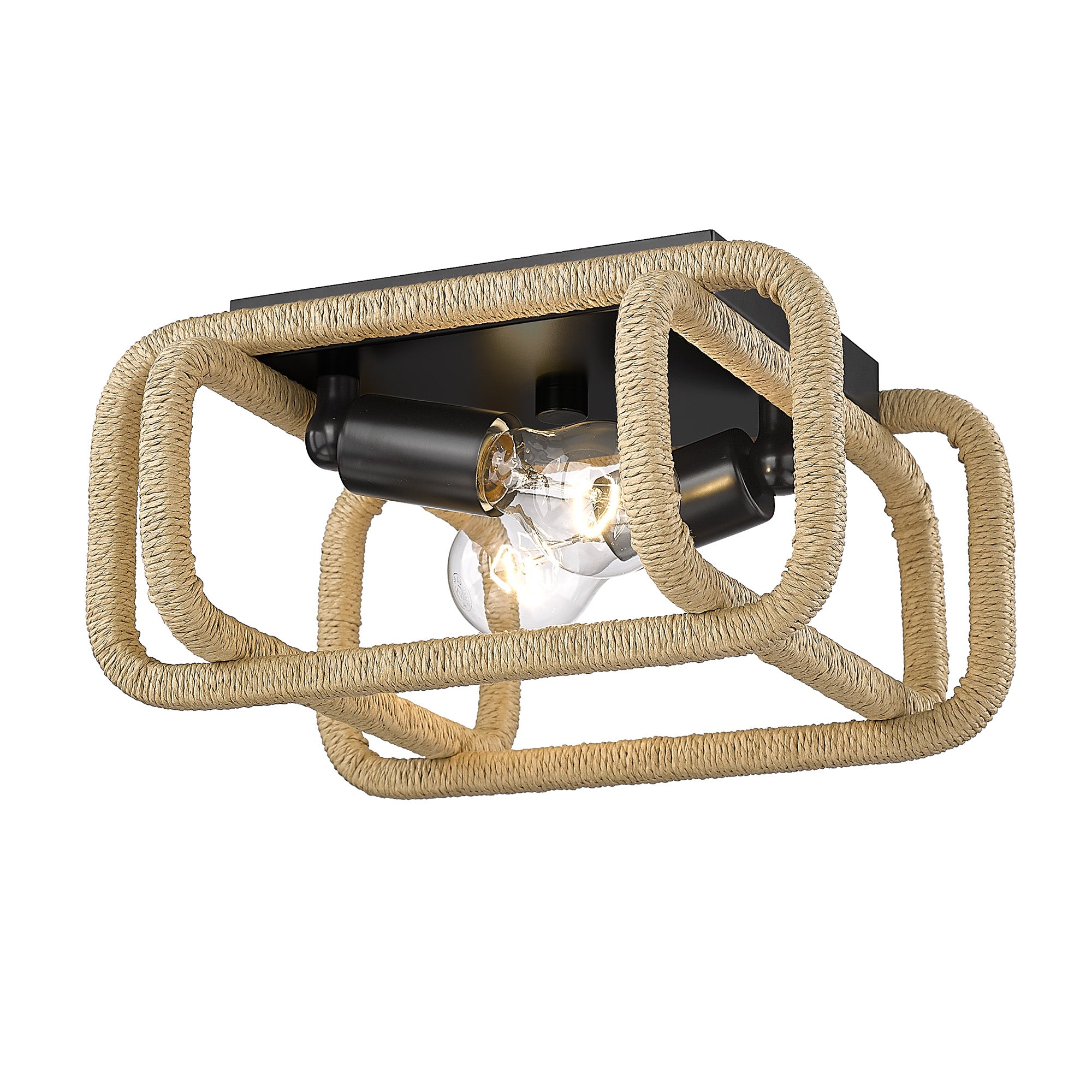 Camden 2 Light Flush Mount in Matte Black with Natural Raphia Rope Shade - - Golden Lighting