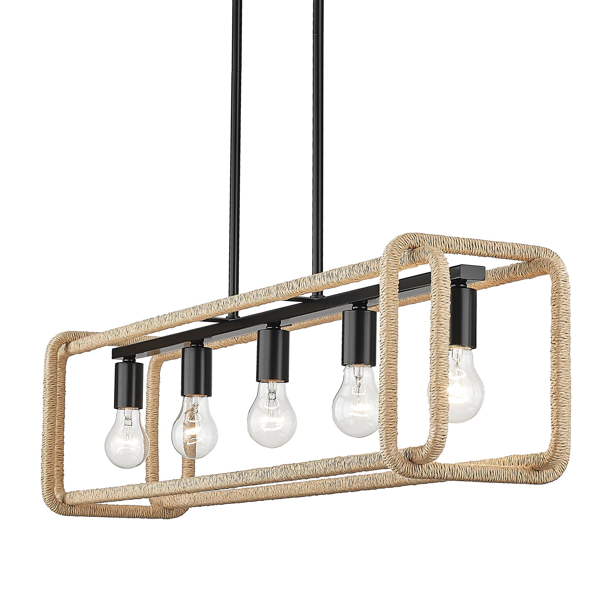 Camden Linear Pendant in Matte Black with Natural Raphia Rope - - Golden Lighting