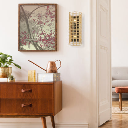 Layney 2 Light Wall Sconce in Matte Black with Natural Raphia Rope Shade - Incandescent,Type A / 2 x 60W(M) / 6.75"W x 17.125"H x 5.875"E - Golden Lighting