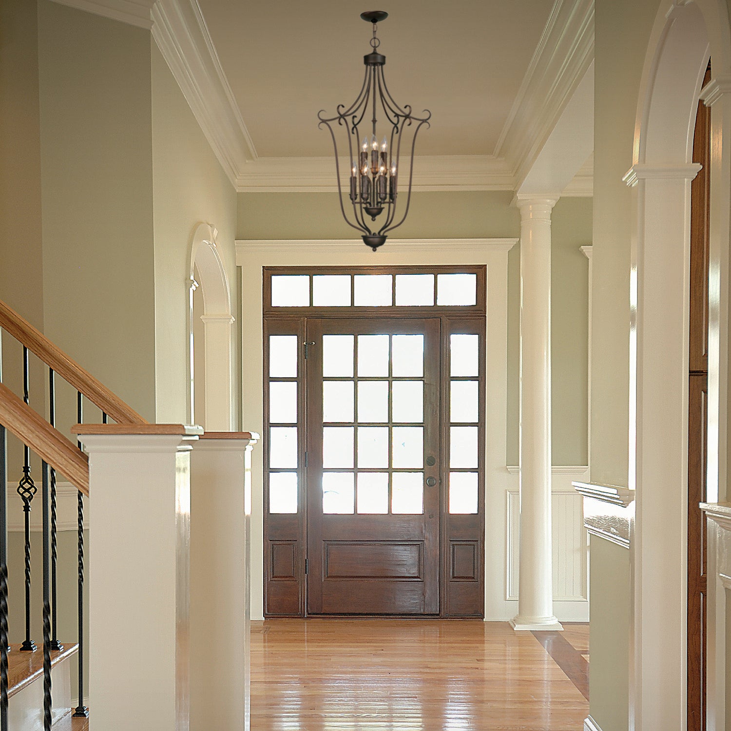 Multi-Family 2 Tier - 9 Light Caged Foyer in Rubbed Bronze with Drip Candlesticks - Incandescent,Type B / 9 x 60W(C) / 20"L x 20"W x 38.5"H - Golden Lighting