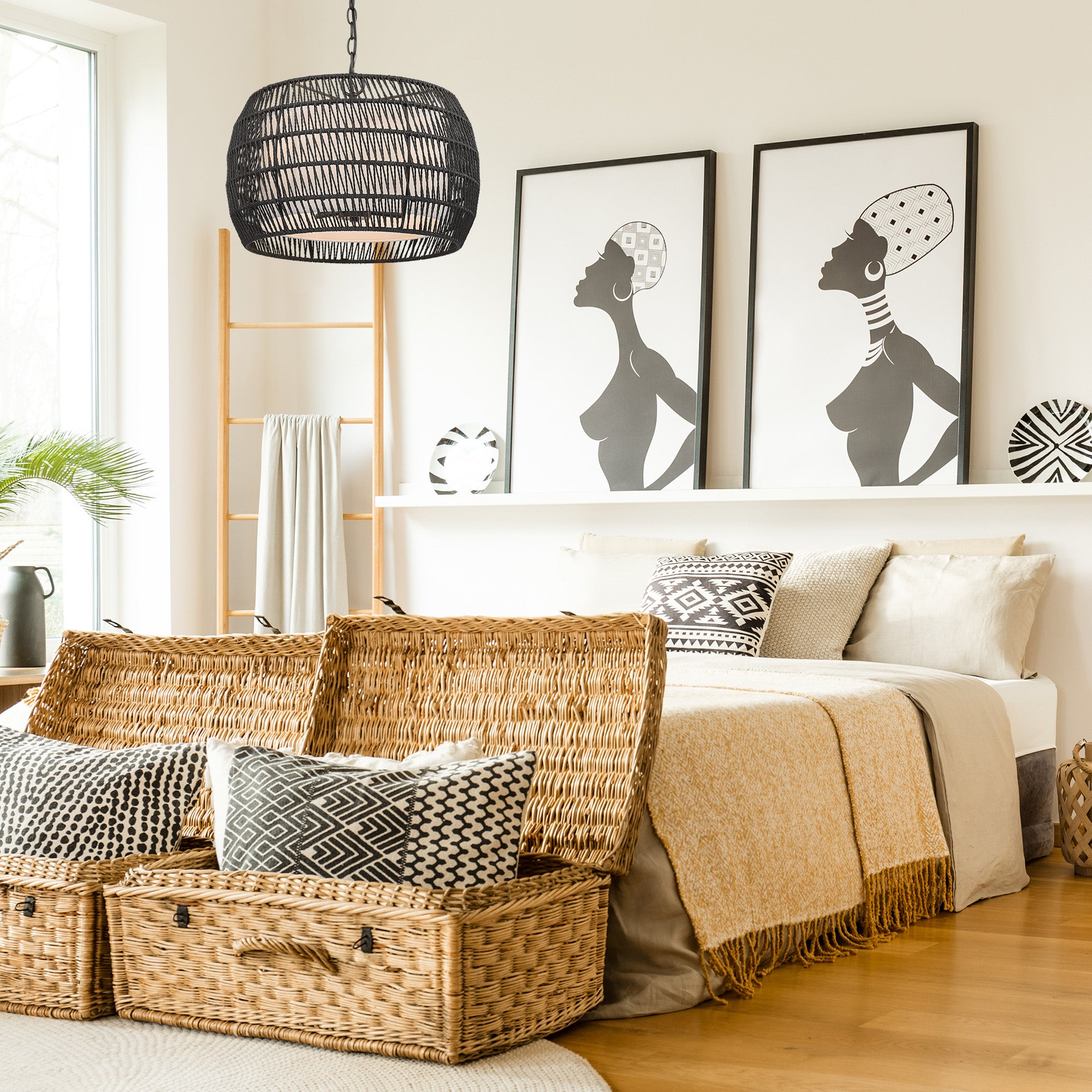 Golden Lighting Everly 4-light Pendant in Matte Black and Modern Black Rattan shade