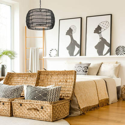 Golden Lighting Everly 4-light Pendant in Matte Black and Modern Black Rattan shade