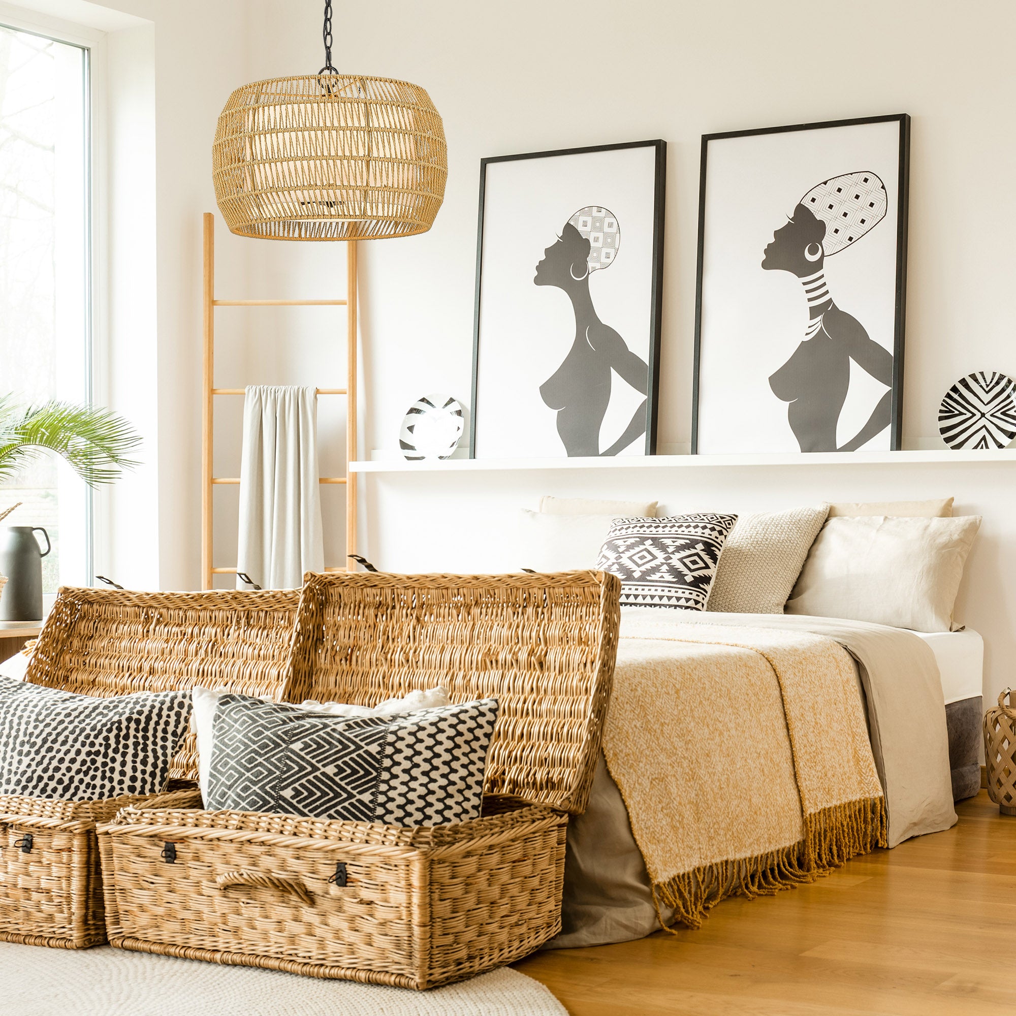 Golden Lighting Everly 4-light Pendant in Matte Black and Natural Rattan shade