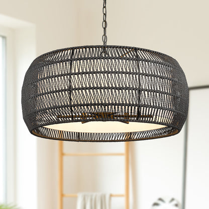 Golden Lighting Everly 6-light Chandelier in Matte Black and Modern Black Rattan shade - - Golden Lighting