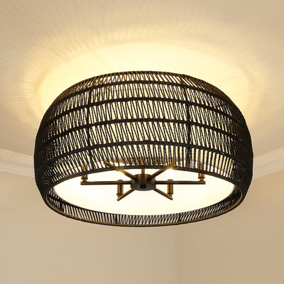 Golden Lighting Everly 6-light Semi-Flush Mount in Matte Black and Modern Black Rattan shade - - Golden Lighting