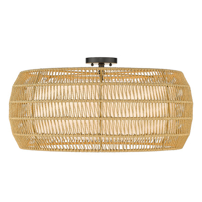Golden Lighting Everly 6-light Semi-Flush Mount in Matte Black and Natural Rattan shade - - Golden Lighting