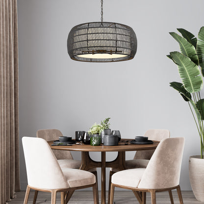 Everly 6 Light Chandelier in Matte Black with Modern Black Rattan Shade - Incandescent,Type B / 6 x 60W(C) / 27.125"L x 27.125"W x 13.5"H - Golden Lighting