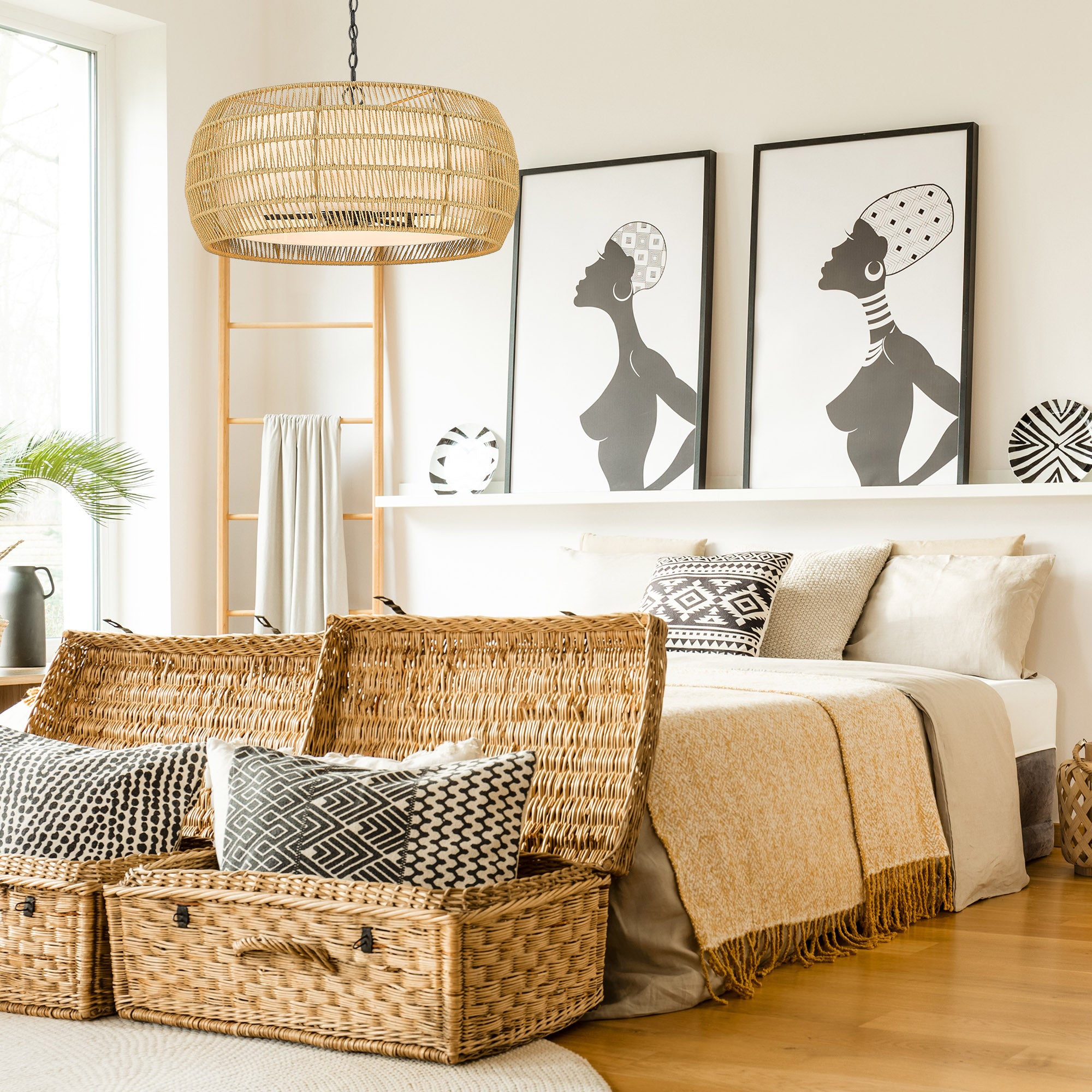 Golden Lighting Everly 6-light Chandelier in Matte Black and Natural Rattan shade