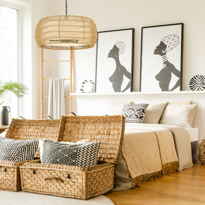 Golden Lighting Everly 6-light Chandelier in Matte Black and Natural Rattan shade