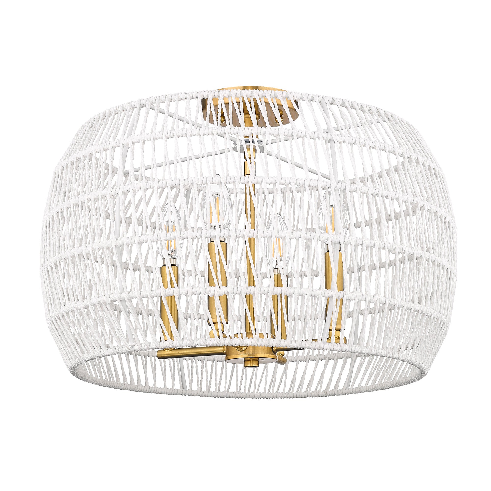 Ellie 6 Light Semi-Flush in Modern Brushed Gold with Bleached White Raphia Rope Shade - - Golden Lighting