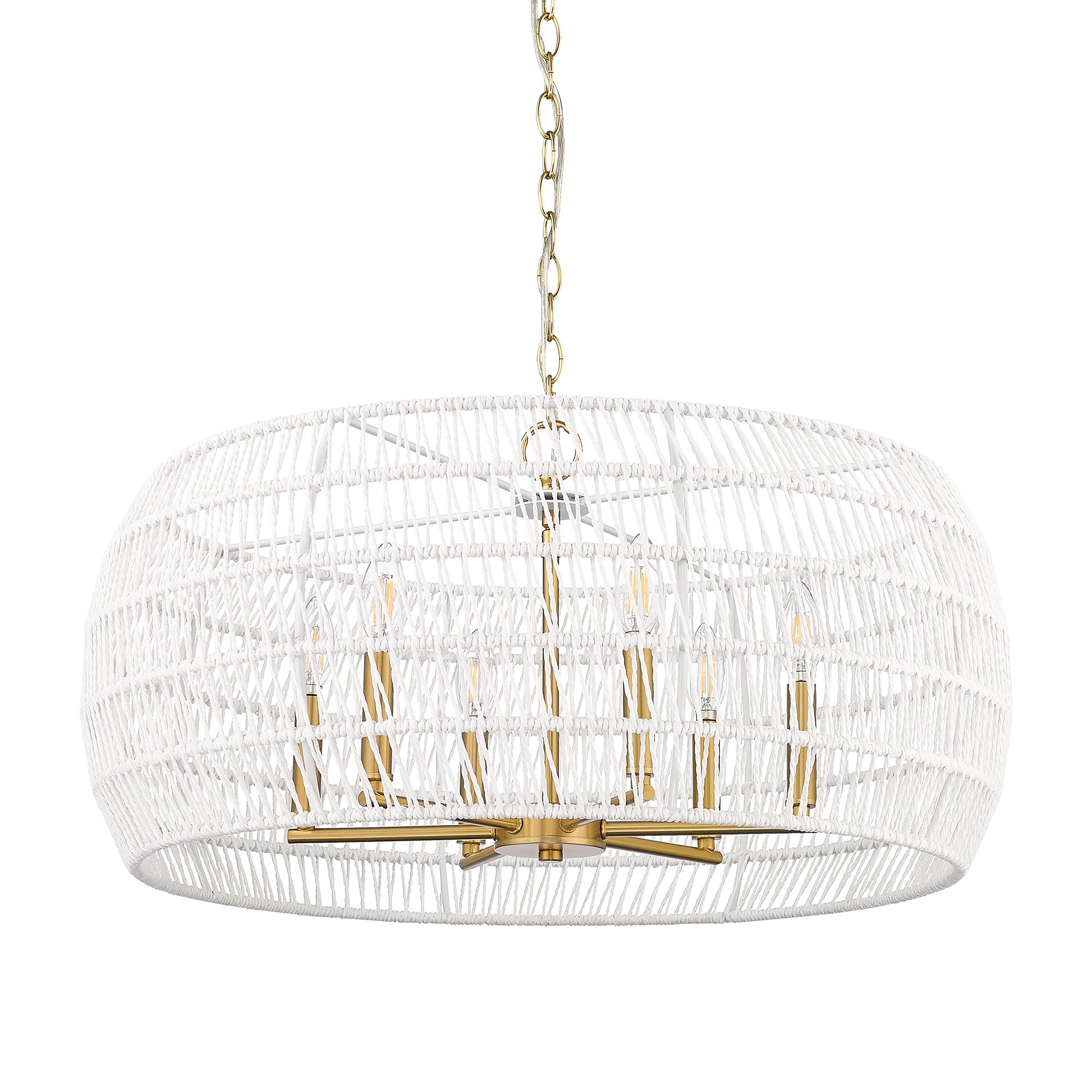 Ellie 6 Light Chandelier in Modern Brushed Gold with Bleached White Raphia Rope Shade - - Golden Lighting