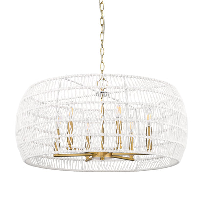 Ellie 6 Light Chandelier in Modern Brushed Gold with Bleached White Raphia Rope Shade - - Golden Lighting