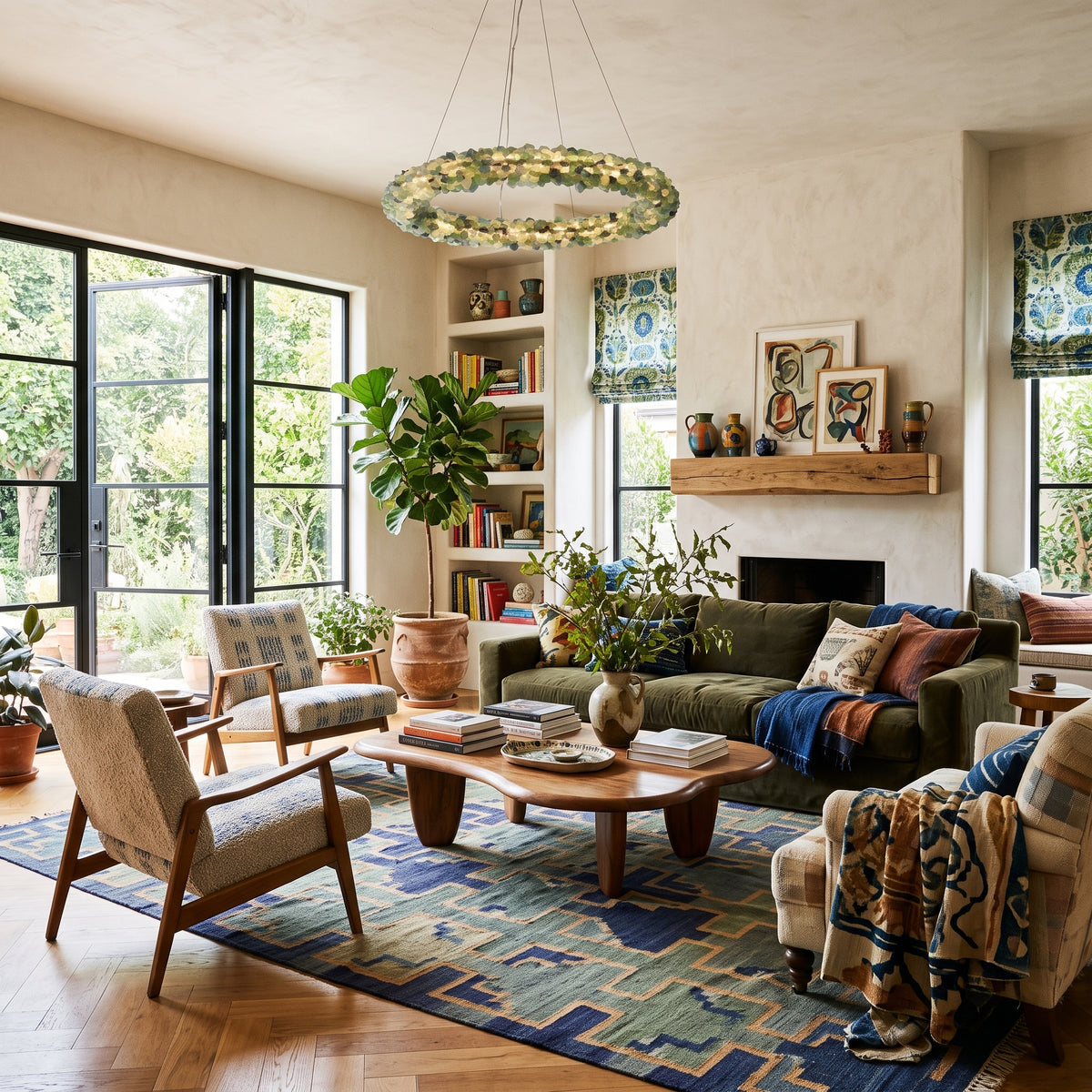 Corallo Integrated LED 30"W Chandelier in Turquoise Green Stone in an AI visualized boho living room scene - Golden Lighting