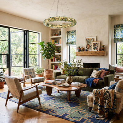 Corallo Integrated LED 30"W Chandelier in Turquoise Green Stone in an AI visualized boho living room scene - Golden Lighting