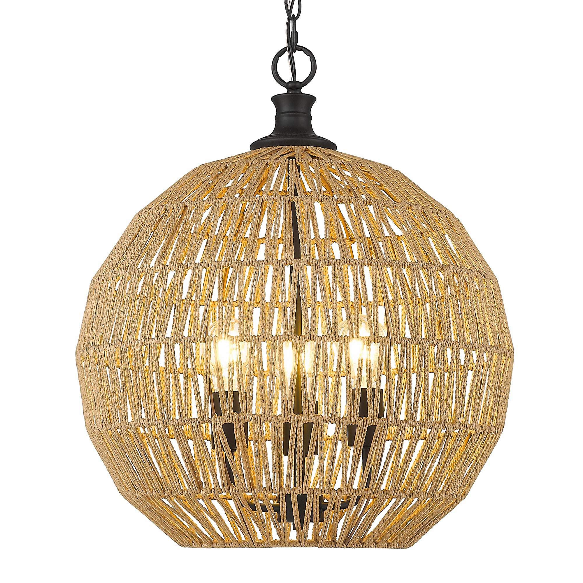 Florence 3-Light Pendant in Matte Black - Matte Black / Natural Raphia Rope / Beige - Golden Lighting