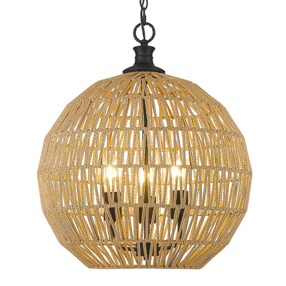 Florence 3-Light Pendant in Matte Black - Matte Black / Natural Raphia Rope / Beige - Golden Lighting