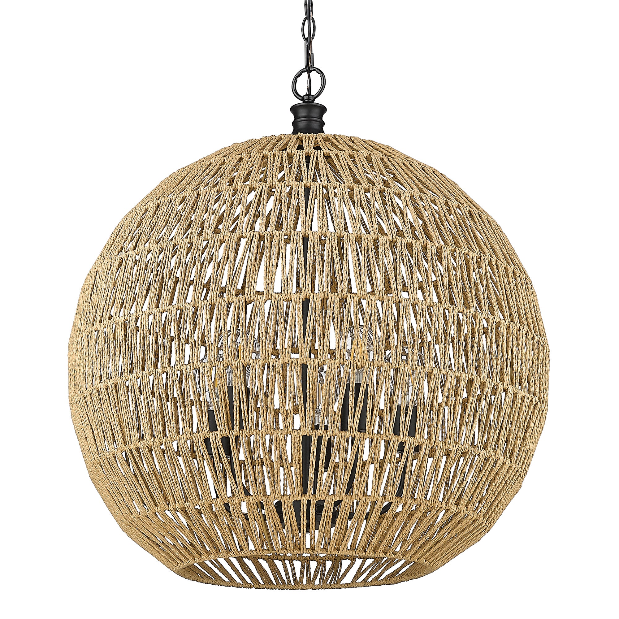 Florence 5-Light Pendant in Matte Black and Natural Raphia Rope Shade - Matte Black / Natural Raphia Rope / Beige - Golden Lighting