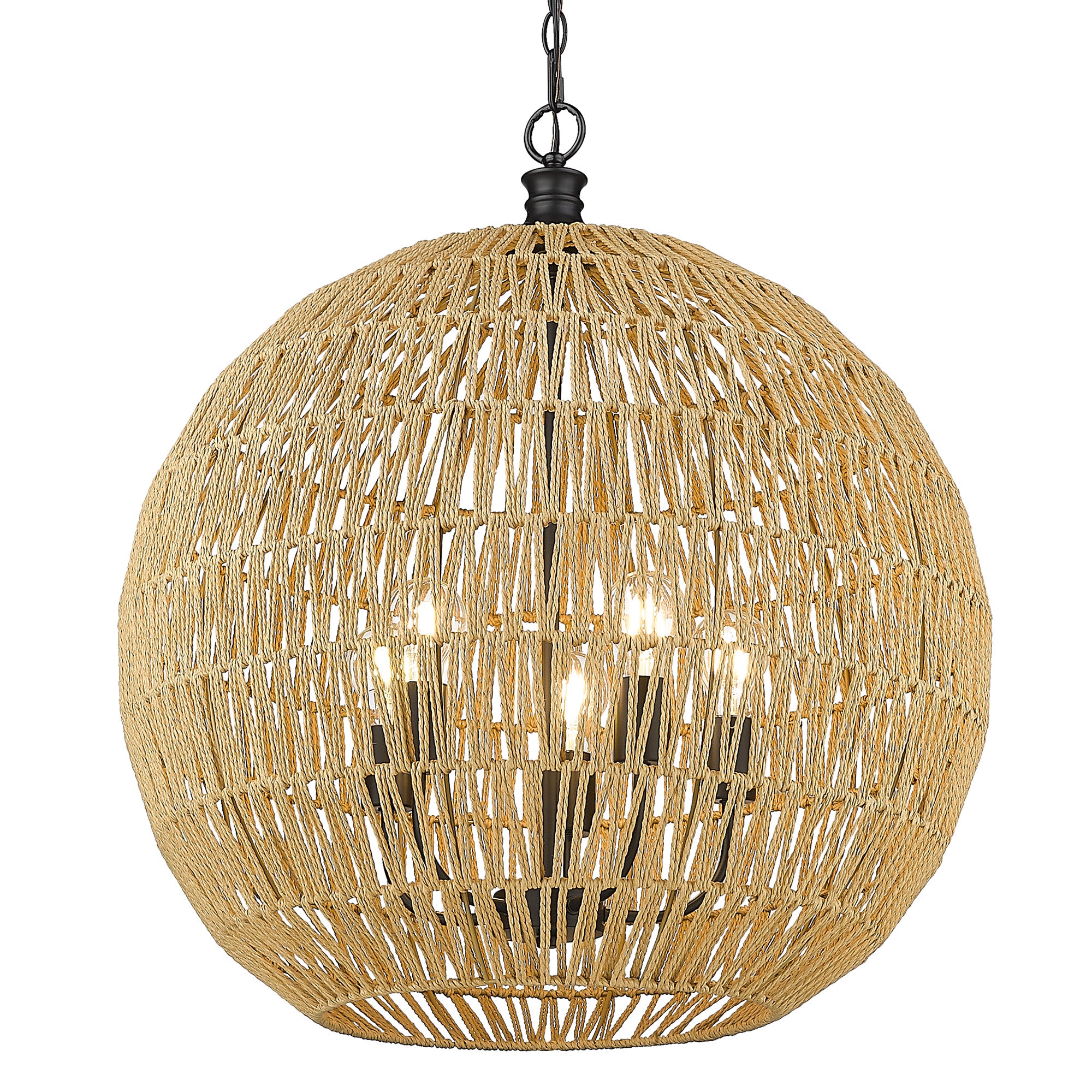 Florence 5-Light Pendant in Matte Black and Natural Raphia Rope Shade - - Golden Lighting