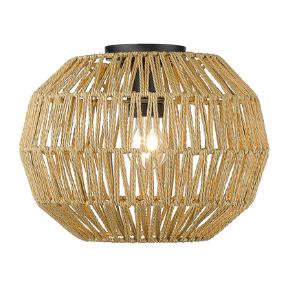 Florence Flush Mount in Matte Black and Natural Raphia Rope Shade - Matte Black / Natural Raphia Rope / Beige - Golden Lighting