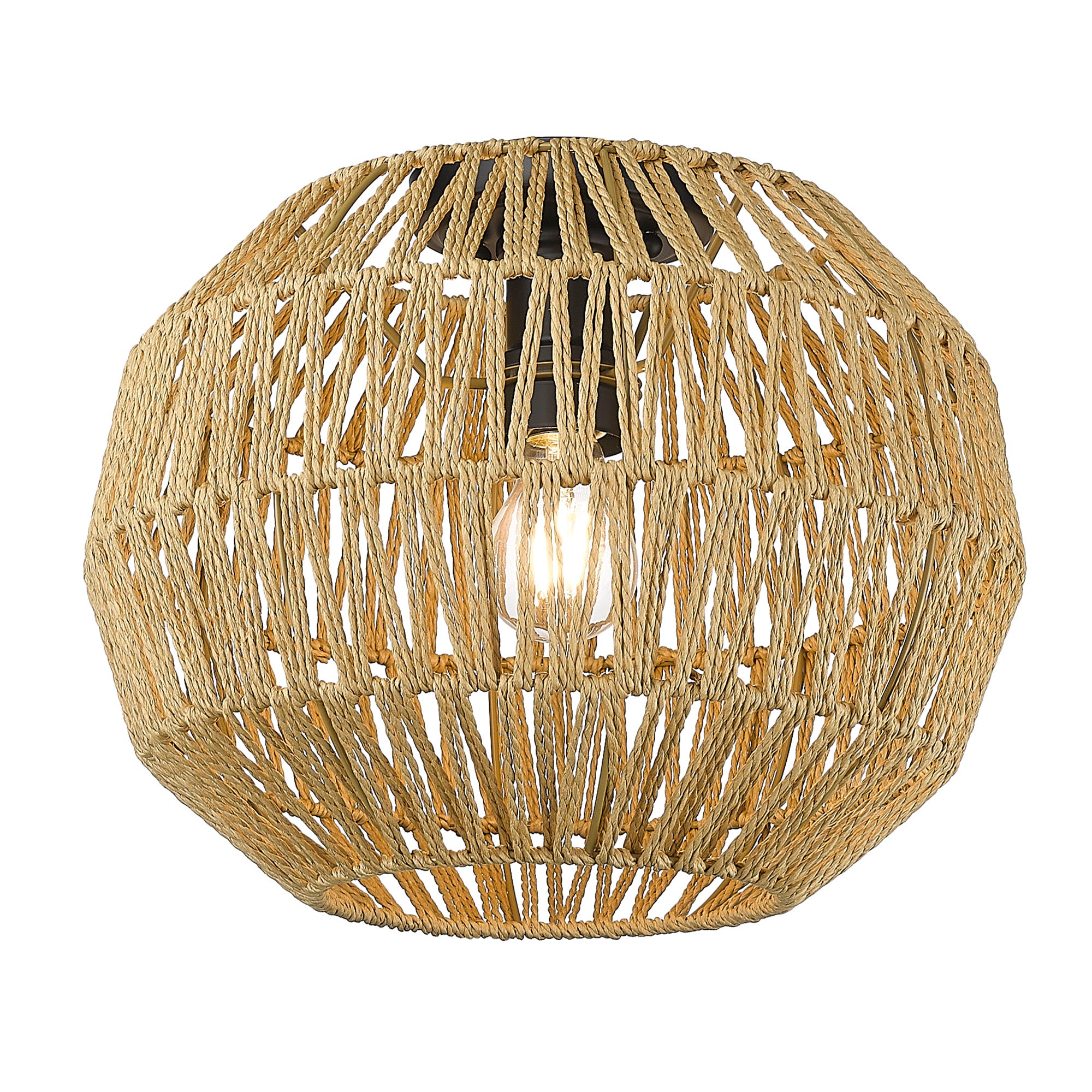 Florence Flush Mount in Matte Black and Natural Raphia Rope Shade - - Golden Lighting