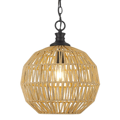 Florence Medium Pendant in Matte Black with Natural Raphia Rope - Matte Black / Natural Raphia Rope / Beige - Golden Lighting