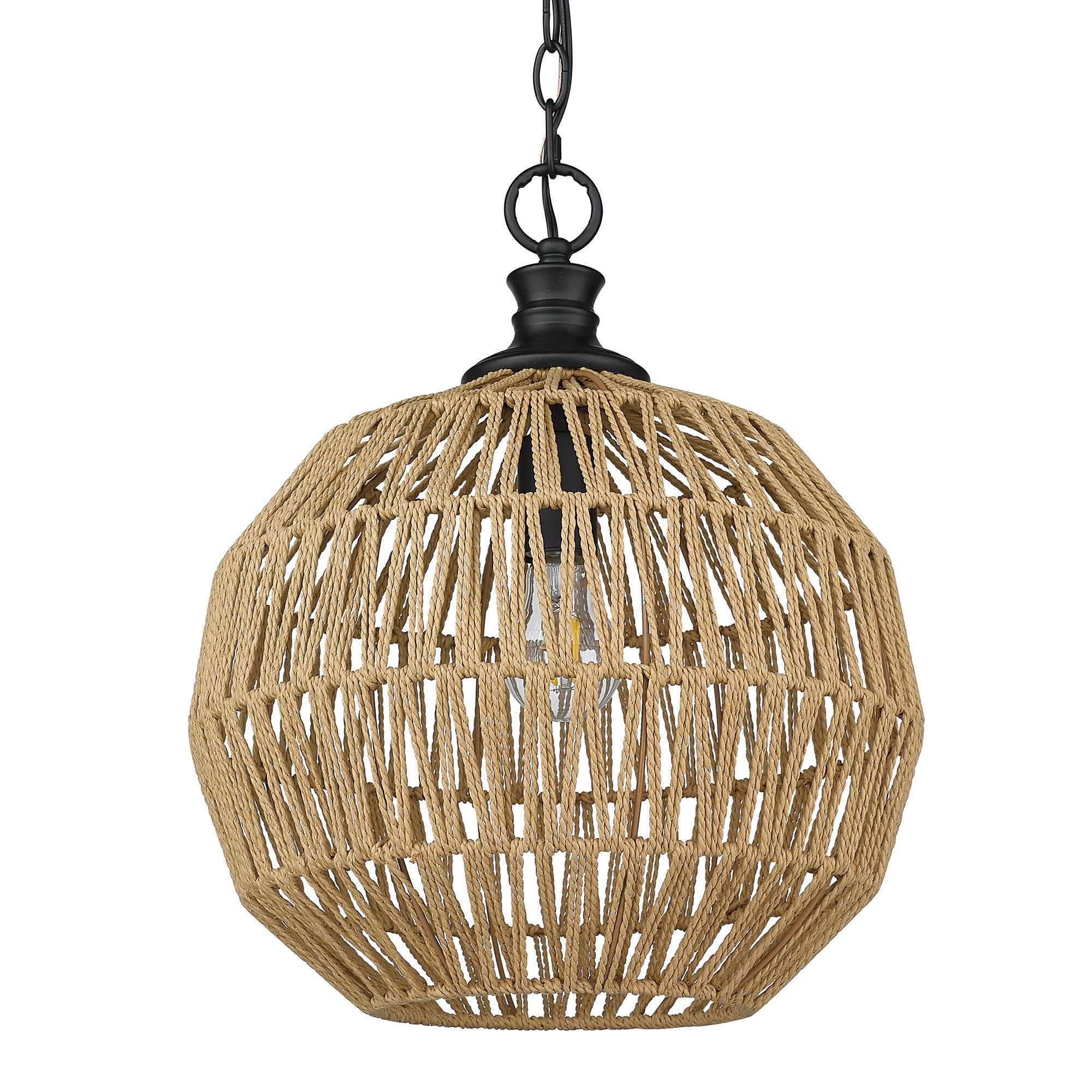 Florence Medium Pendant in Matte Black with Natural Raphia Rope - - Golden Lighting