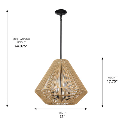 Golden Lighting Valentina 4-light Pendant in Matte Black and Natural Raphia Rope shade - - Golden Lighting