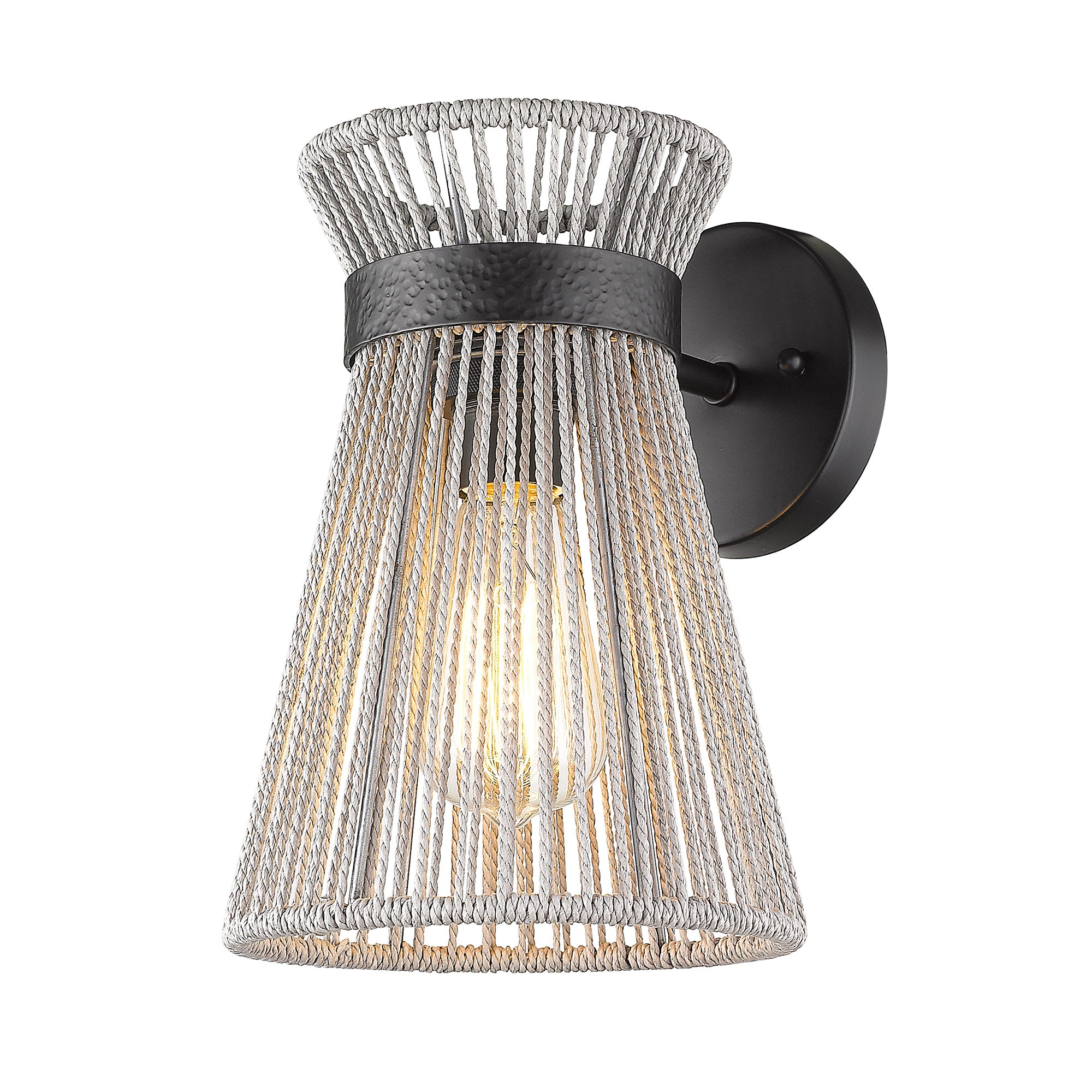 Avon 1-Light Wall Sconce in Matte Black with Bleached Raphia Rope - - Golden Lighting