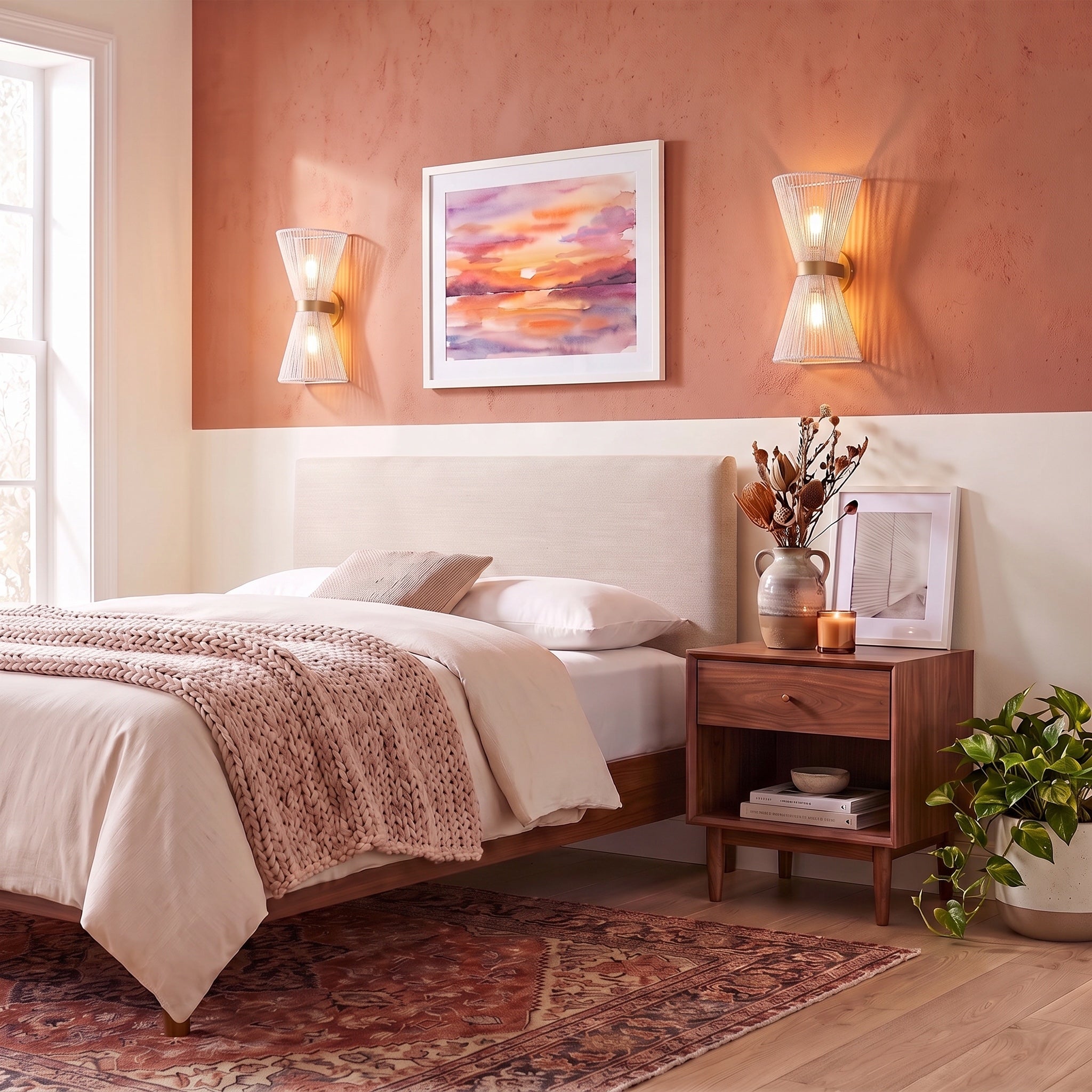 Avon 2-light Wall Sconce in Brushed Champagne Brass, AI-visualized bedroom scene - Golden Lighting