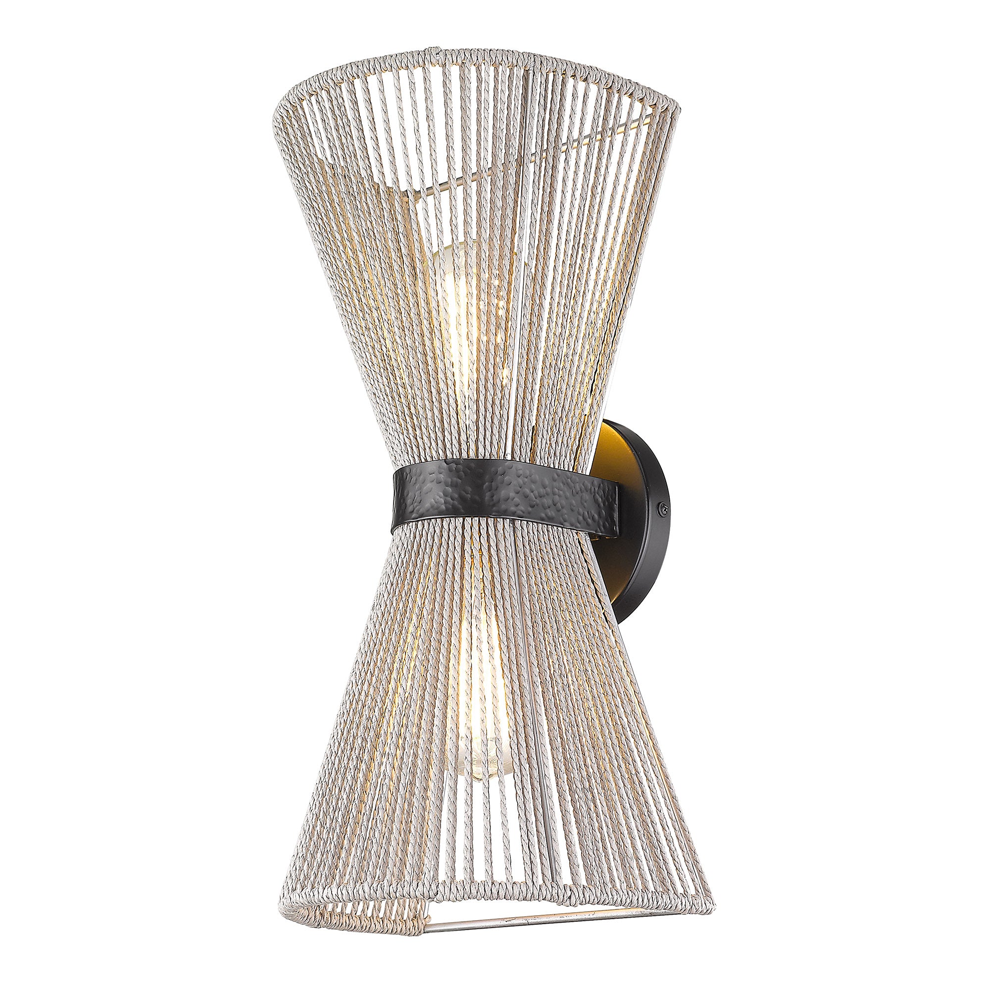 Avon 2-Light Wall Sconce in Matte Black with Bleached Raphia Rope - - Golden Lighting