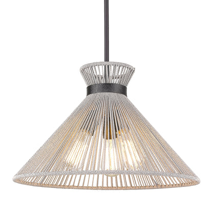 Avon 3-Light Pendant in Matte Black with Bleached Raphia Rope - - Golden Lighting