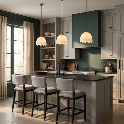 Brinkley 1-light Pendant in Brushed Champagne Brass, AI-visualized kitchen scene - Golden Lighting
