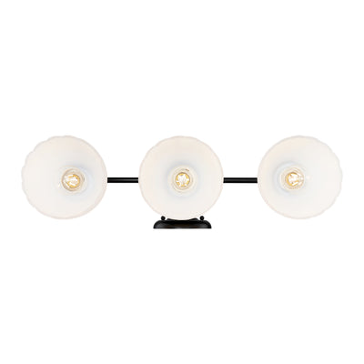Dorinda 3-Light Vanity Light in Matte Black with Opal Glass, canopy and backplate view - Golden Lighting
