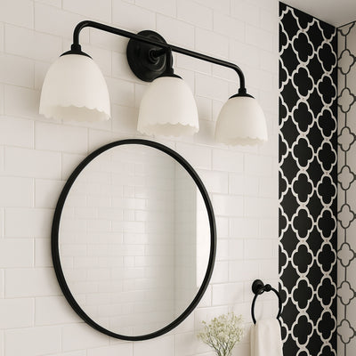 Dorinda 3-Light Vanity Light in Matte Black with Opal Glass, shown in a room setting - Golden Lighting