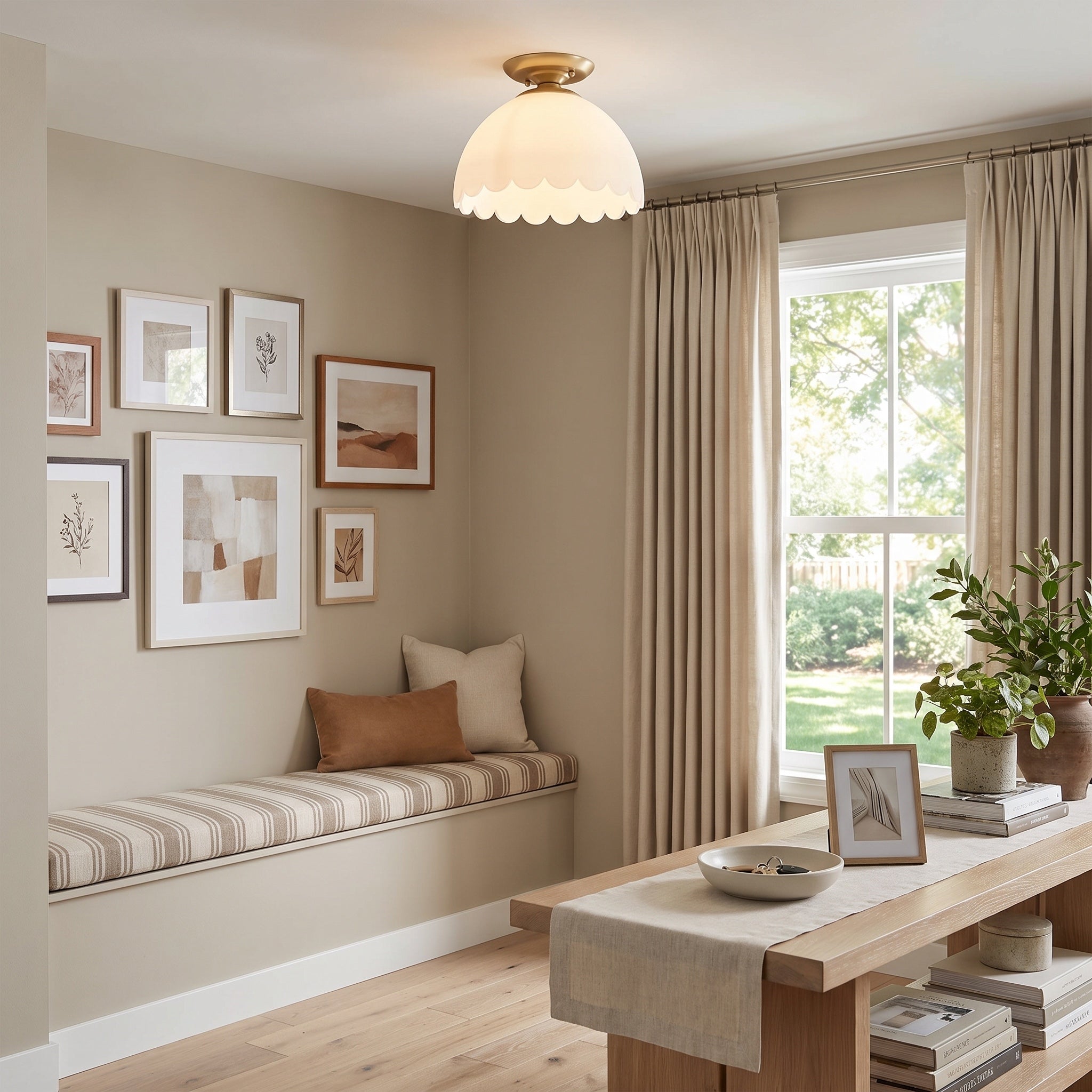 Dorinda Semi-Flush in Brushed Champagne Bronze with Opal Glass Shade, AI-visualized room scene - Golden Lighting