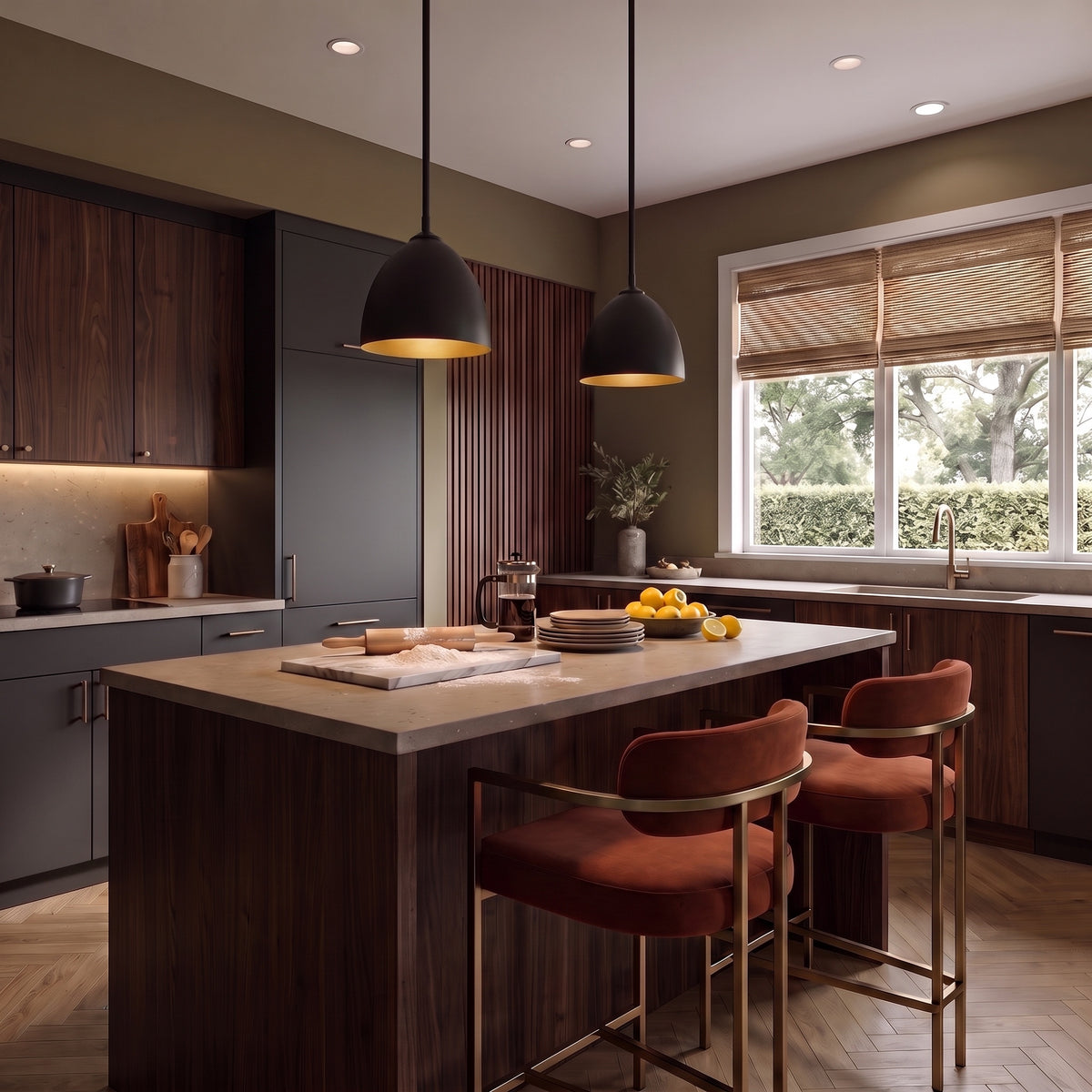 Zoey 1-light Pendant in Matte Black, AI-visualized kitchen scene - Golden Lighting