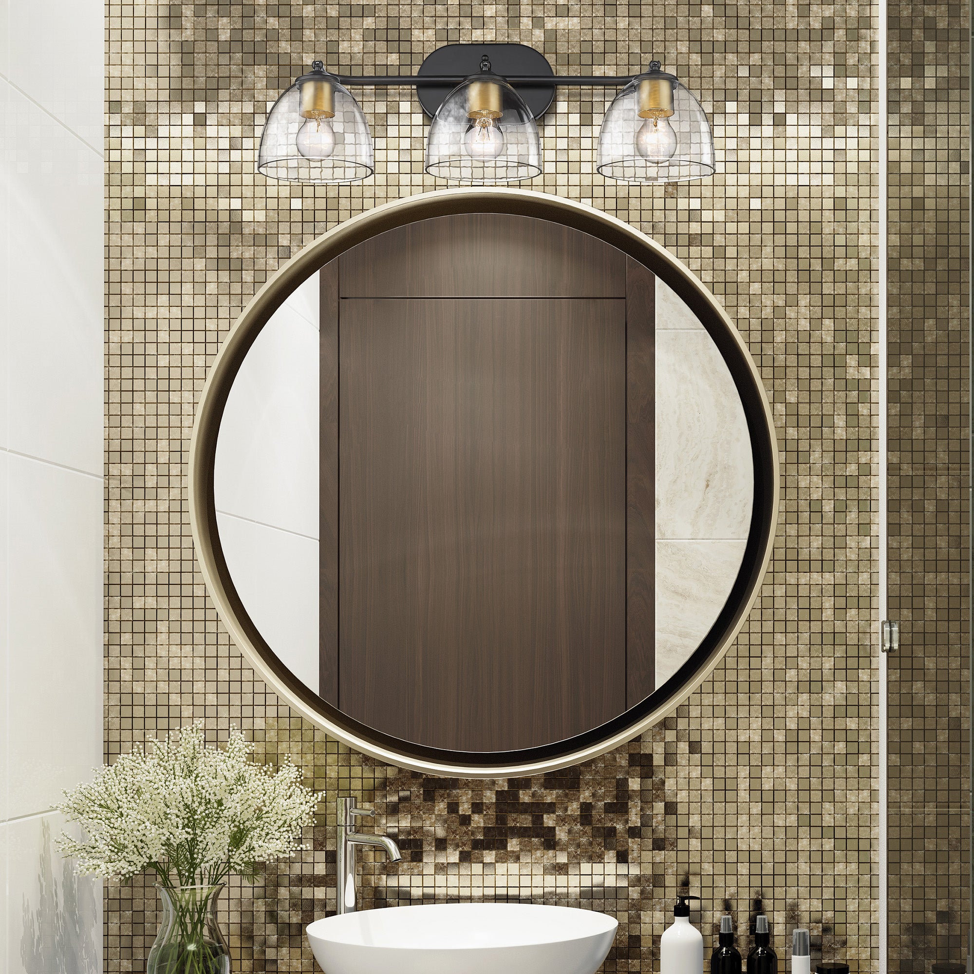 Roxie 3 Light Bath Vanity in Matte Black with Brushed Champagne Bronze Accents and Clear Glass Shade - Incandescent,Type A / 3 x 100W(M) / 24.625"L x 8.125"H x 7.75"E - Golden Lighting