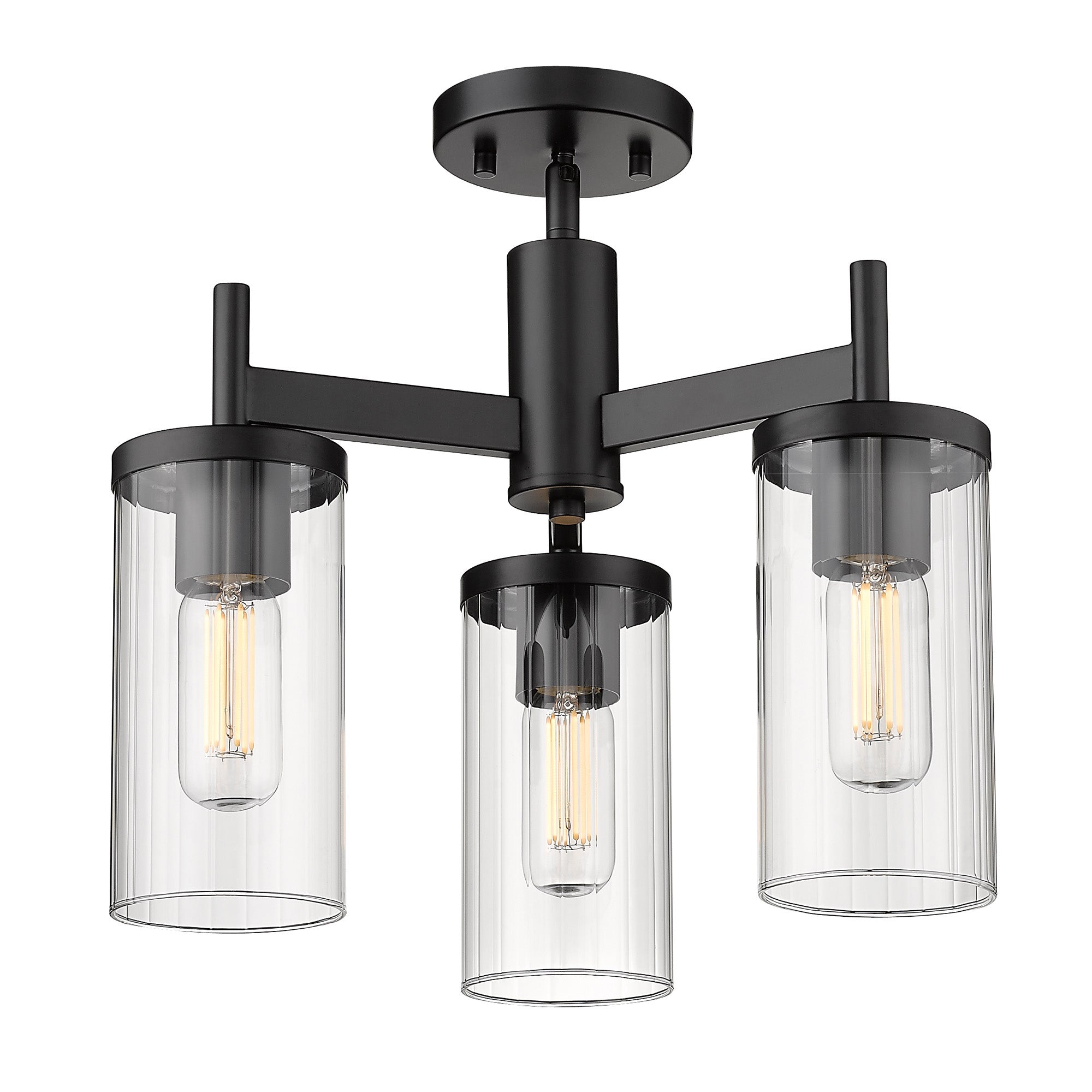 Winslett 3-Light Semi-Flush in Matte Black with Ribbed Clear Glass Shades - - Golden Lighting