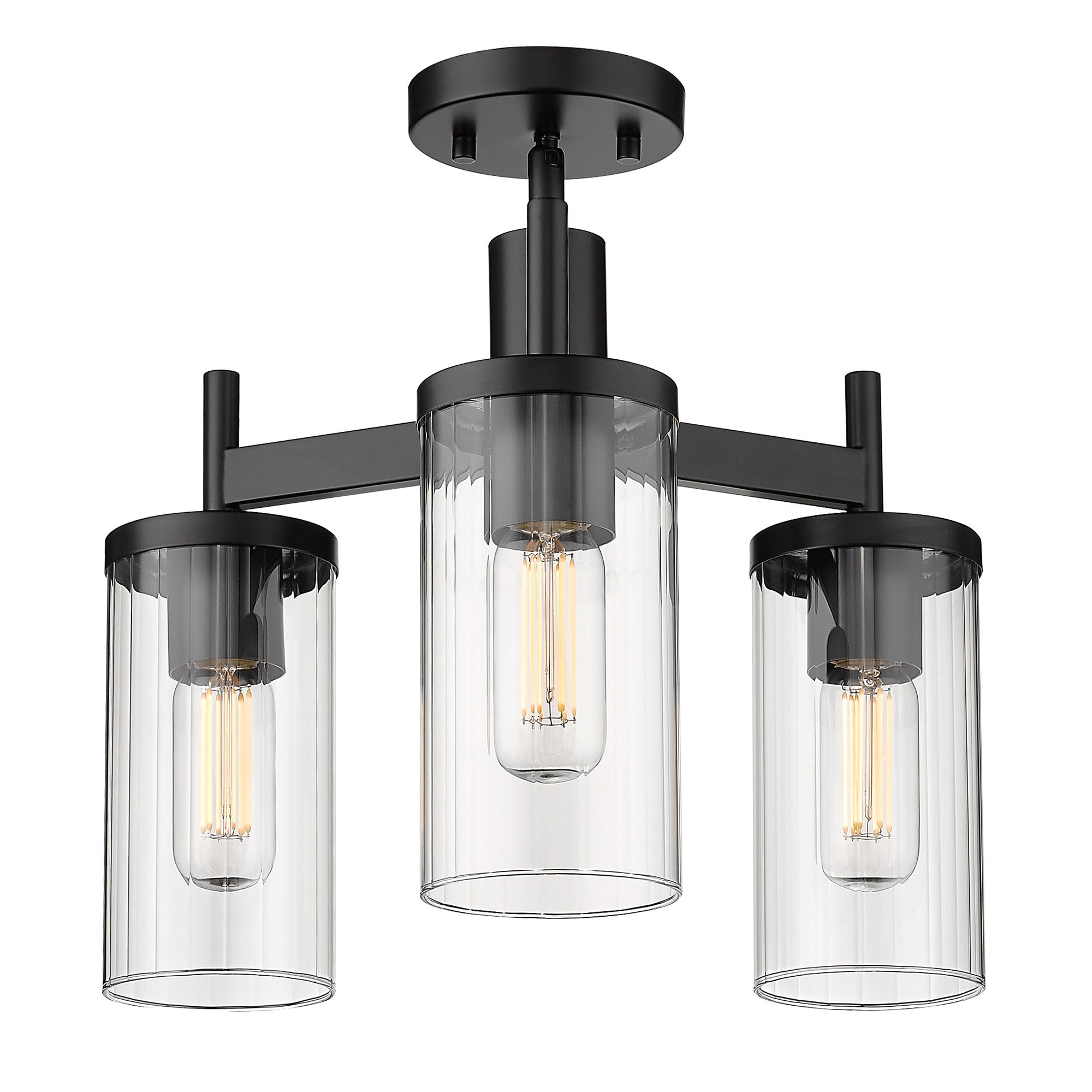 Winslett 3-Light Semi-Flush in Matte Black with Ribbed Clear Glass Shades - Default Title - Golden Lighting