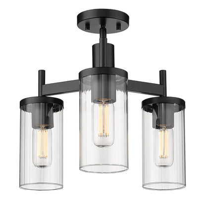 Winslett 3-Light Semi-Flush in Matte Black with Ribbed Clear Glass Shades - Default Title - Golden Lighting