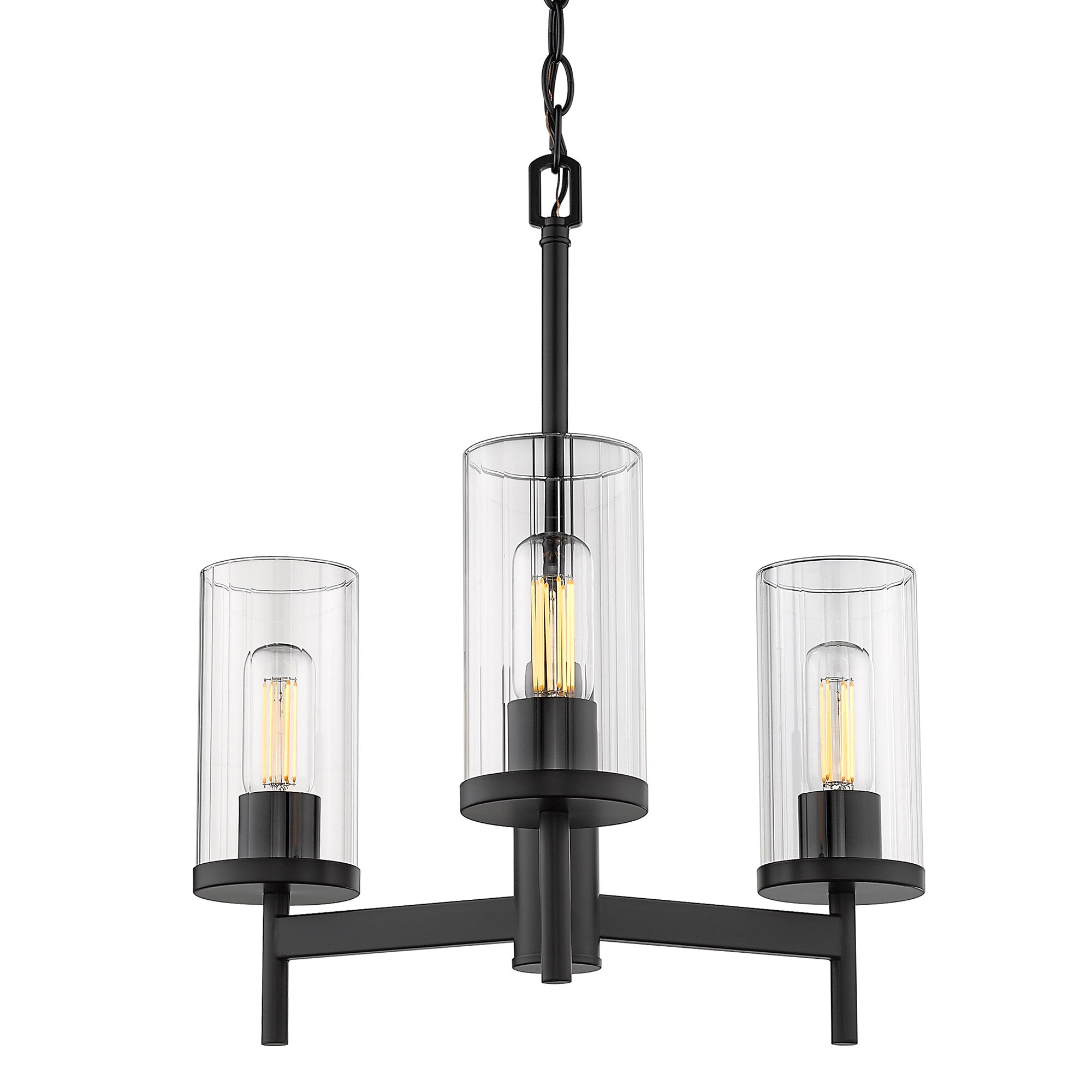 Winslett 3-Light Chandelier in Matte Black with Ribbed Clear Glass Shades - - Golden Lighting