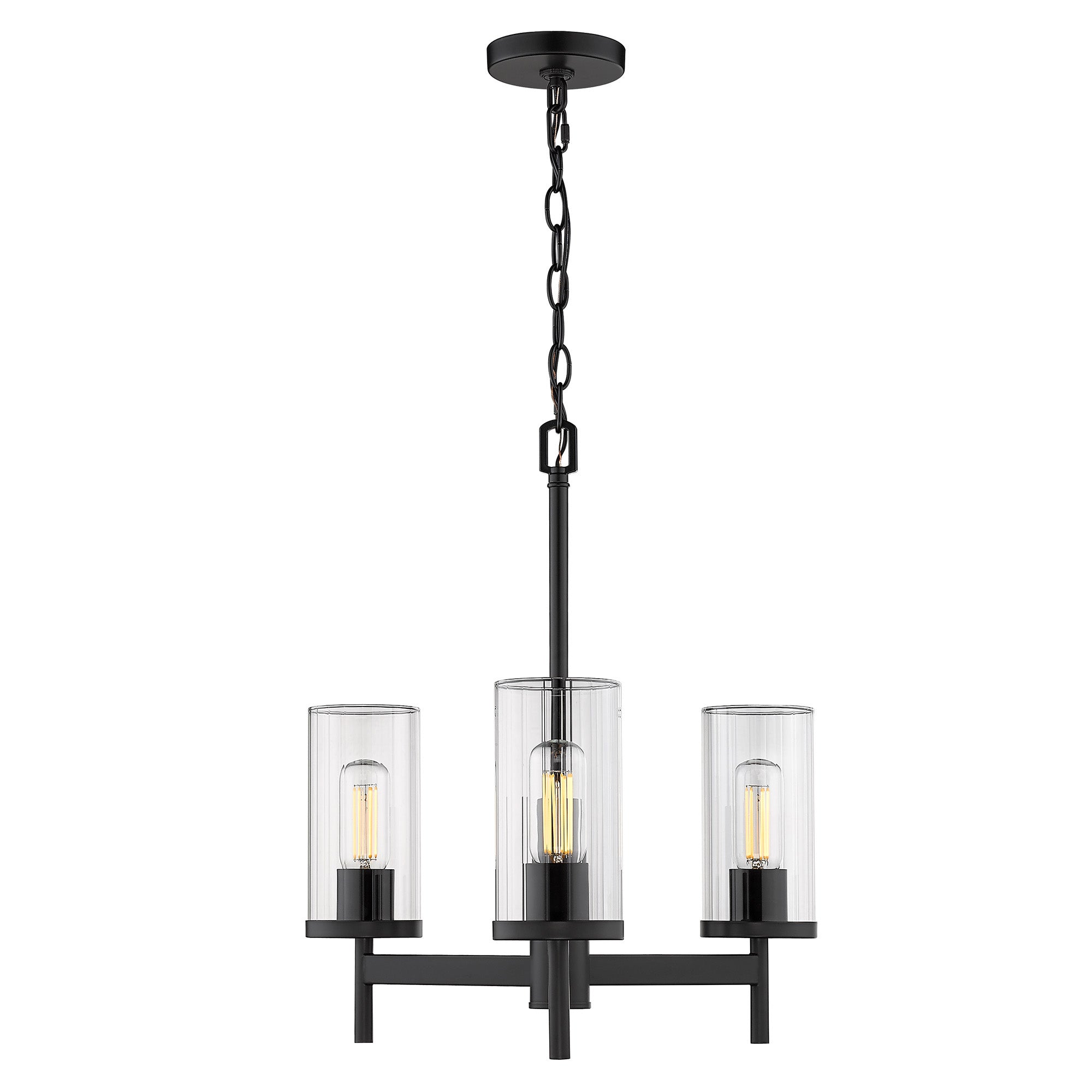 Winslett 3-Light Chandelier in Matte Black with Ribbed Clear Glass Shades - Matte Black / Ribbed Clear Glass / Clear - Golden Lighting