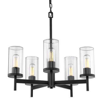 Winslett 5-Light Chandelier in Matte Black with Ribbed Clear Glass Shades - - Golden Lighting