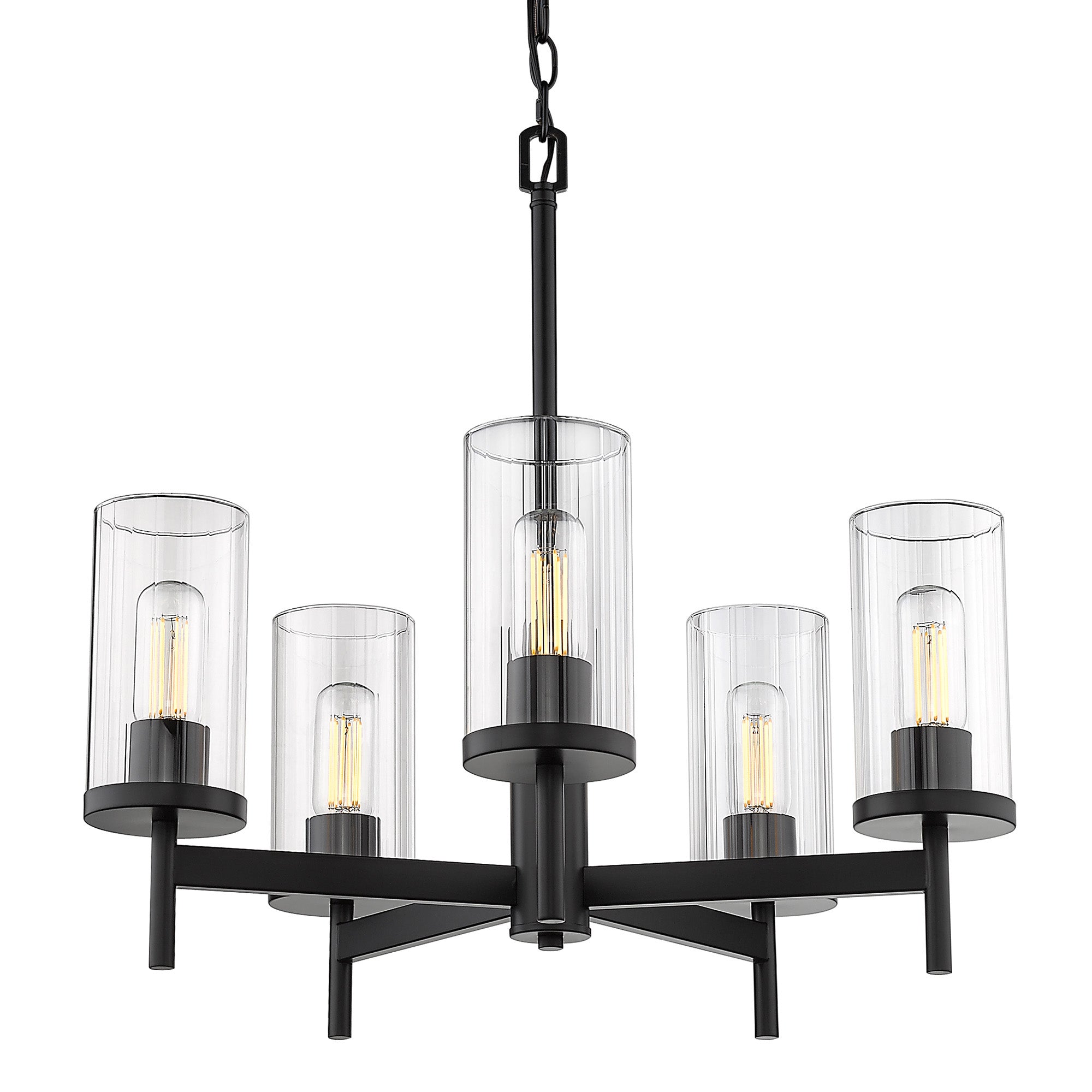 Winslett 5-Light Chandelier in Matte Black with Ribbed Clear Glass Shades - - Golden Lighting