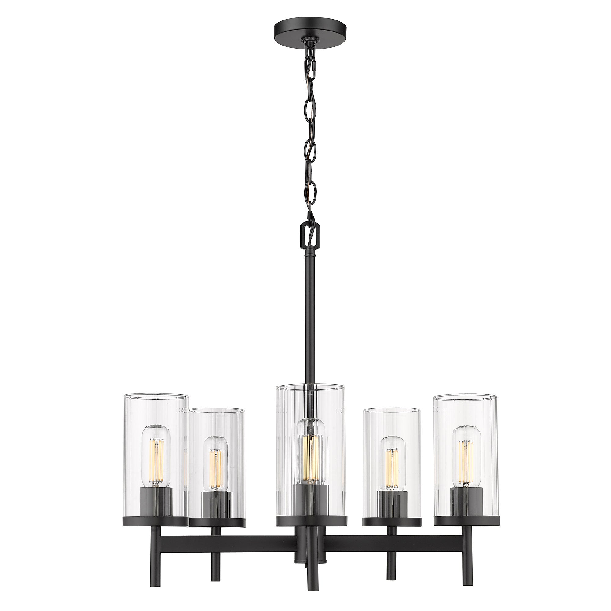 Winslett 5-Light Chandelier in Matte Black with Ribbed Clear Glass Shades - Matte Black / Ribbed Clear Glass / Clear - Golden Lighting