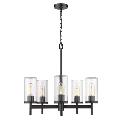 Winslett 5-Light Chandelier in Matte Black with Ribbed Clear Glass Shades - Matte Black / Ribbed Clear Glass / Clear - Golden Lighting