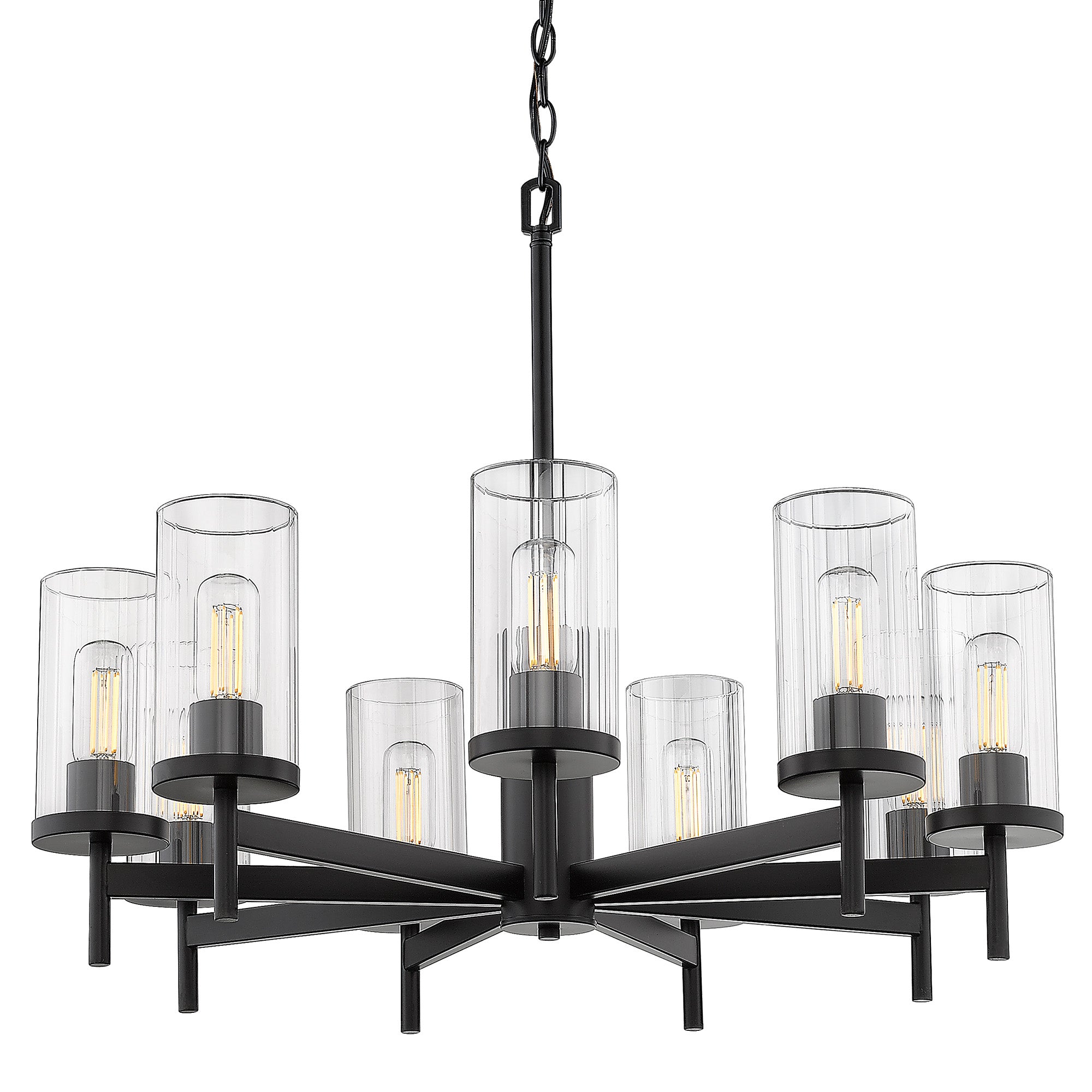 Winslett 9 Light Chandelier in Matte Black with Ribbed Clear Glass Shades - - Golden Lighting