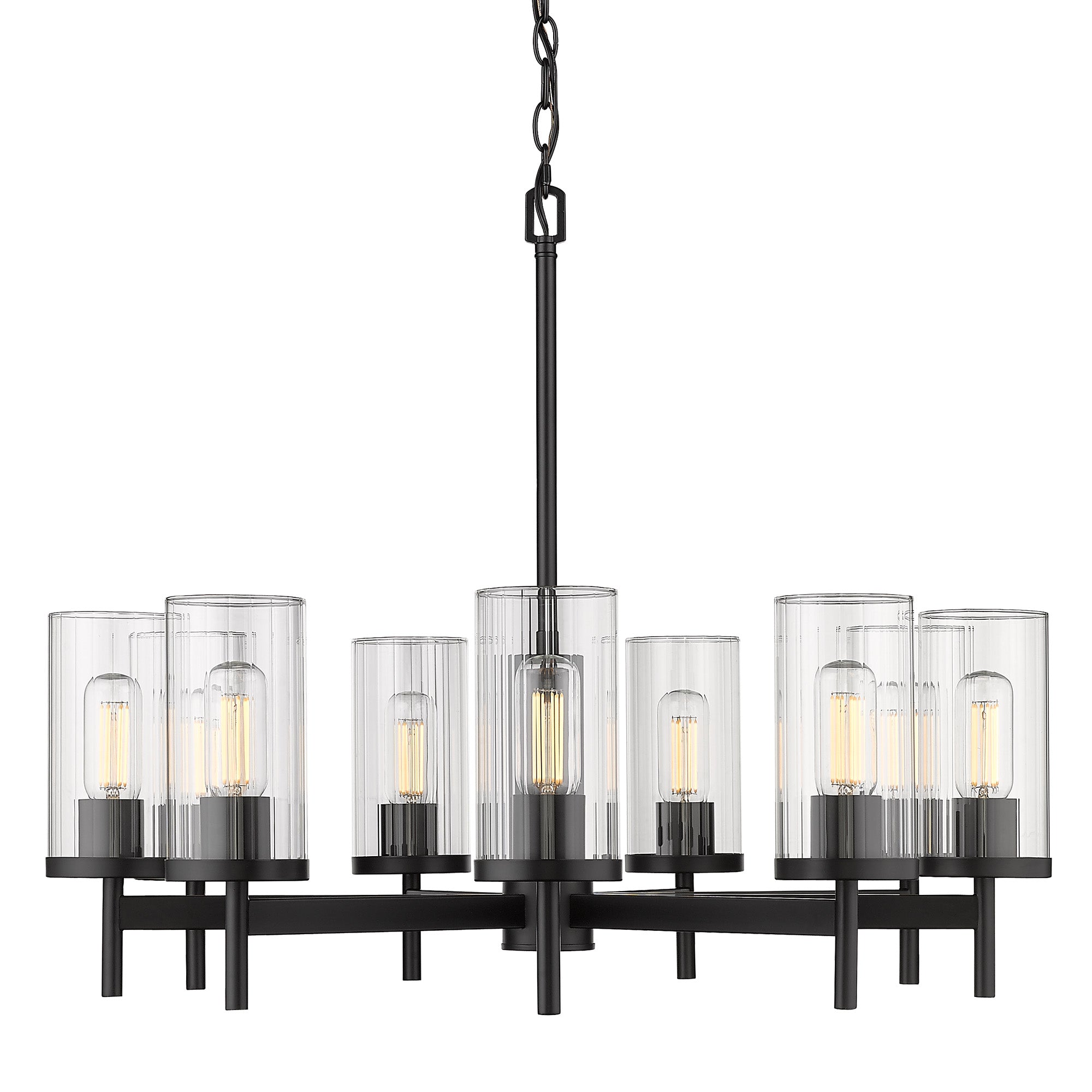 Winslett 9 Light Chandelier in Matte Black with Ribbed Clear Glass Shades - Matte Black / Ribbed Clear Glass / Clear - Golden Lighting