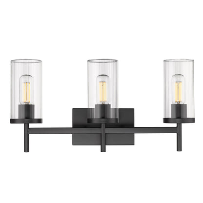 Winslett 3-Light Bath Vanity in Matte Black with Ribbed Clear Glass Shades - Matte Black / Ribbed Clear Glass / Clear - Golden Lighting