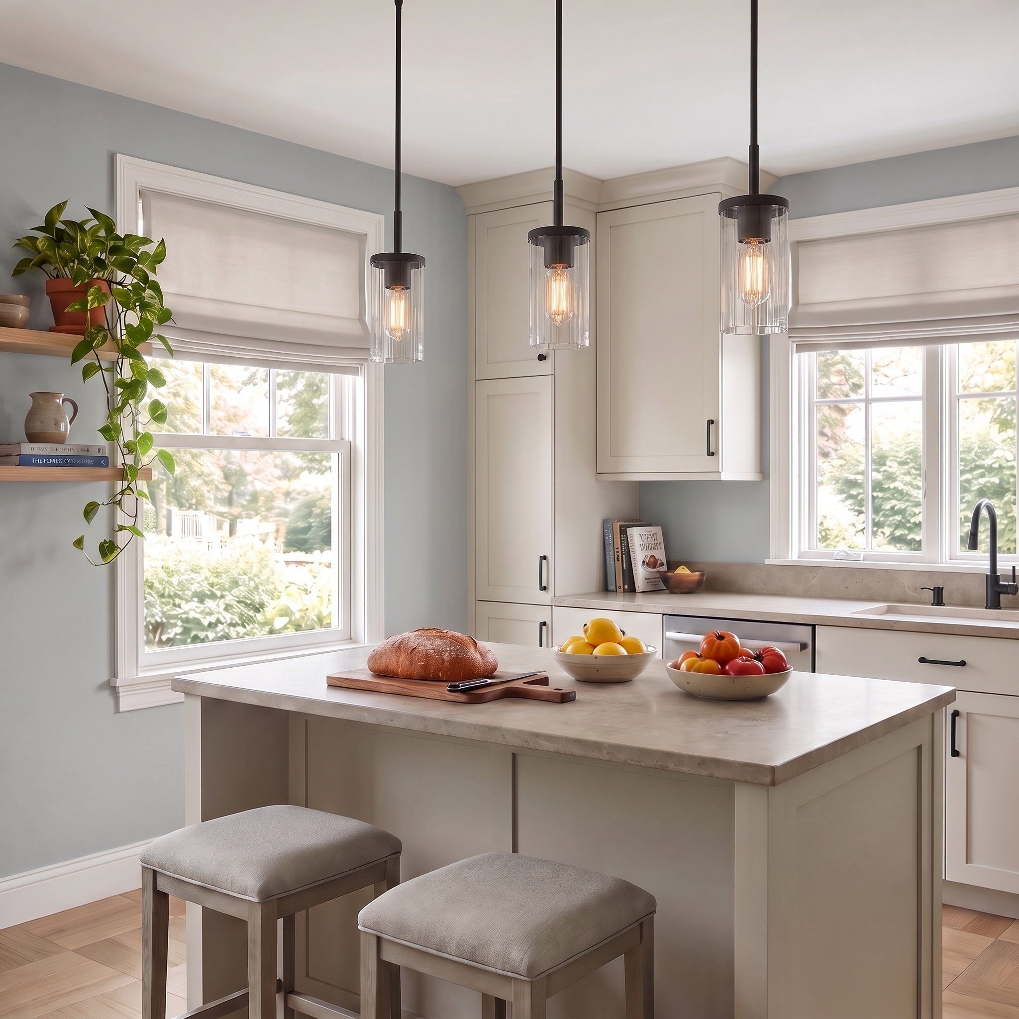 Winslett 1-light Pendant in Matte Black, AI-visualized kitchen scene - Golden Lighting